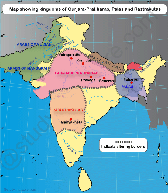 Tripartite struggle, Palas, Pratiharas, Rastrakutas, Kannauj, Nagabhata, DHarmapala, Dhruva, Chakrayudha , vatsaraja, struggle for kannauj